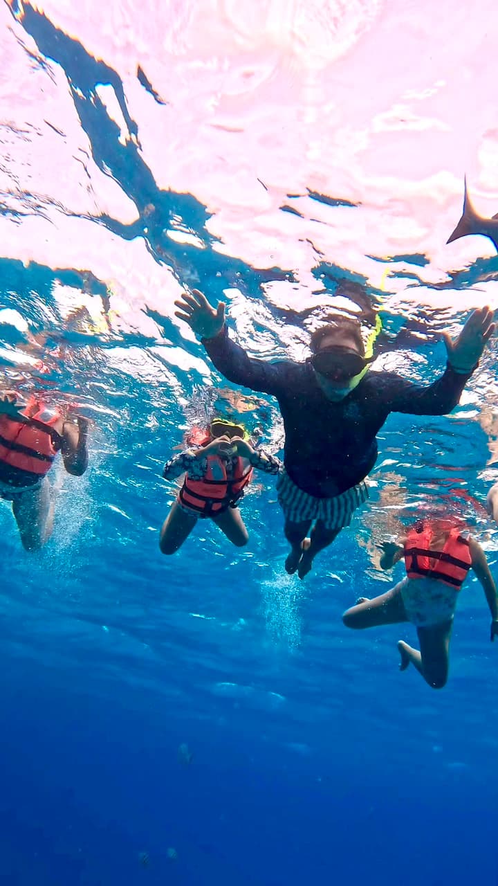 A family snorkeling with life jackets in clear Cancún water